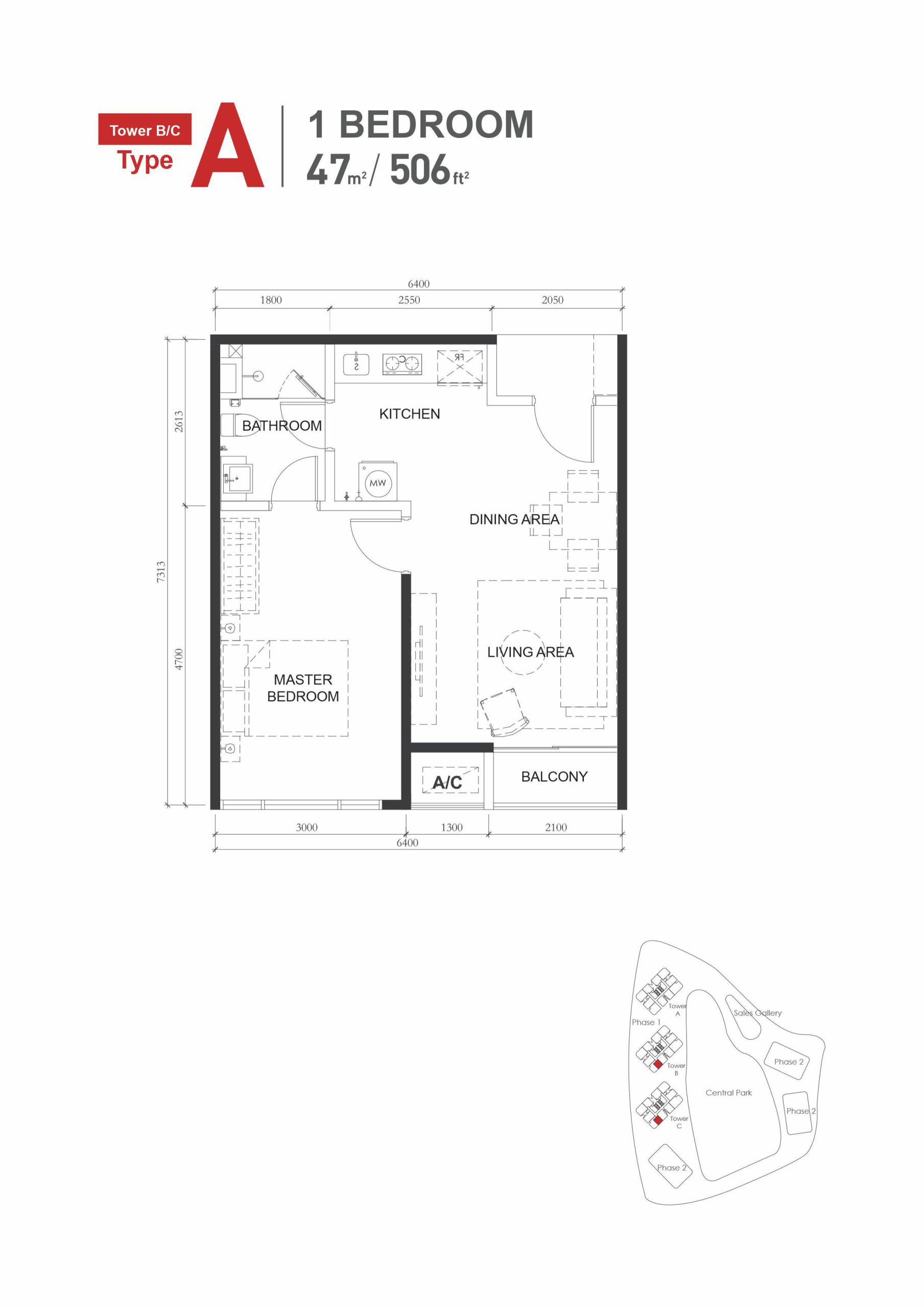 Type-A-506sqft-1Bed1Bath-Floor-Plan-scaled