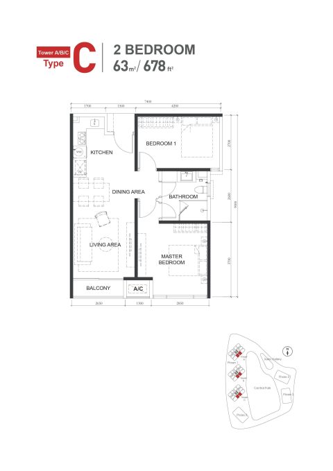 Type-C-678sqft-2Bed1Bath-Floor-Plan-480x679